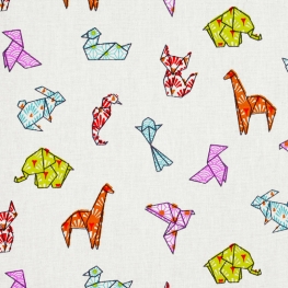 Tissu coton enduit animaux origami - Orange & Bleu ciel