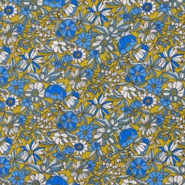 Tissu Coton Cretonne Fleur Sauvage - Curry et Bleu