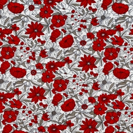 Tissu Coton Cretonne Fleur Sauvage - Blanc et Rouge