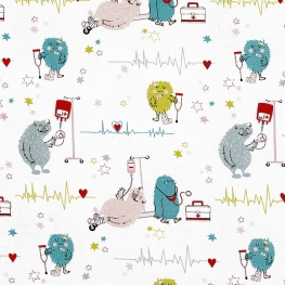 Tissu Popeline Happy Monsters Hospital 100% Coton Bio GOTS - Blanc