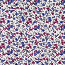 Tissu Coton Cretonne Fleuri Leonie - Blanc, Magenta & Bleu