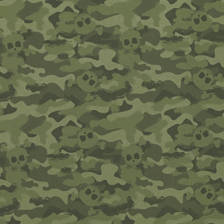 Tissu Popeline Bio Camouflage Tête de Mort - Vert Clair
