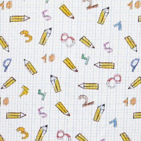 Tissu Satin de Coton Cahier d'Ecole Mathématique - Blanc