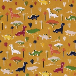 Tissu Coton Cretonne Petits Dinosaures - Moutarde