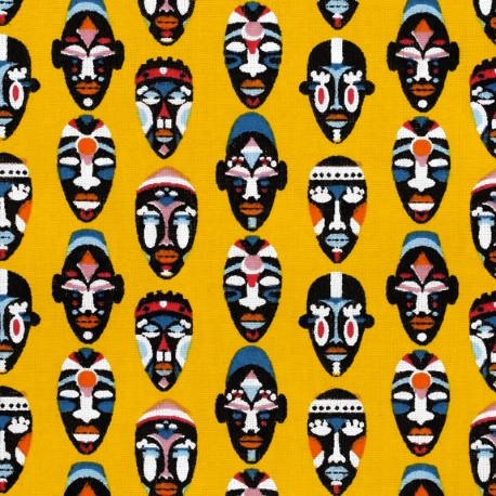 Tissu Coton Cretonne Masques Africains - Jaune