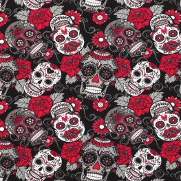 Tissu Jersey Têtes de Mort Mexicaines - Noir & Rouge