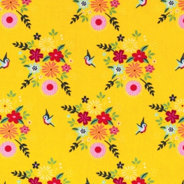 Tissu Popeline Oiseaux & Fleurs - Jaune