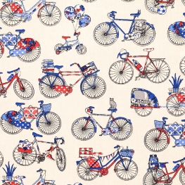 Tissu Coton Cretonne Bicyclette - Bleu, Blanc & Rouge