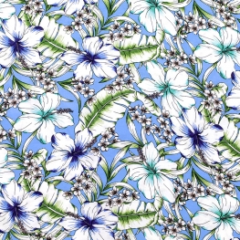 Tissu Viscose Hibiscus & Fleurs - Bleu 