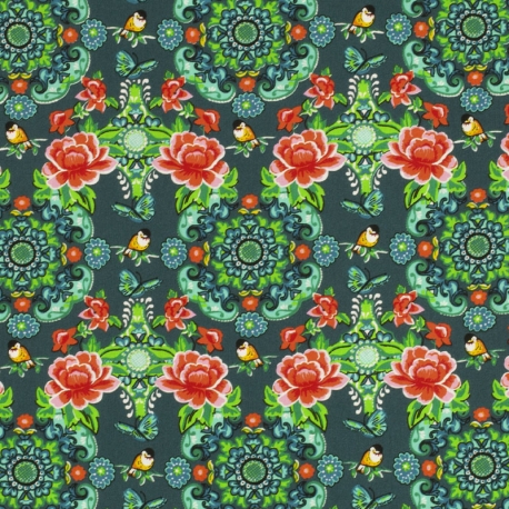 Tissu Popeline Fleurs Psychédélique - Vert