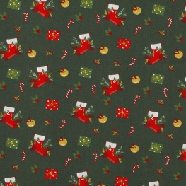 Tissu Popeline Chaussettes et cadeaux de Noël - Vert