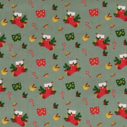 Tissu Popeline Chaussettes et cadeaux de Noël - Vert de gris