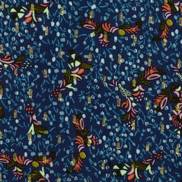 Tissu Viscose Fleur & Plume Dorée - Bleu