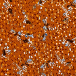 Tissu Viscose Fleur & Plume Dorée - Orange rouille
