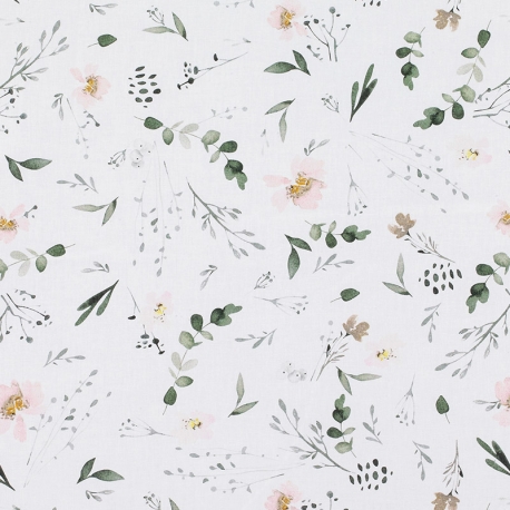 Tissu Popeline Fleurs Champêtres - Blanc