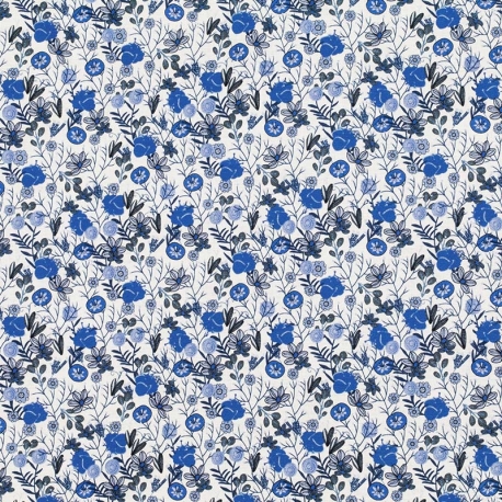 Tissu Popeline Fleur Héloïse - Blanc & Bleu